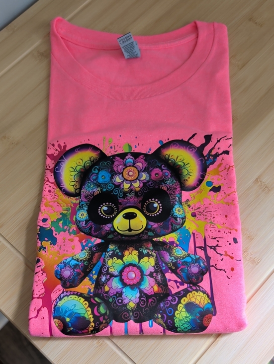 Gildan Tops - Gildan Neon Pink Short Sleeve Tee with Multicolor Floral Bear Graphic